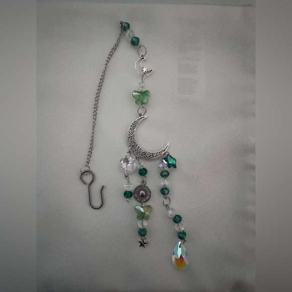 Hand Crafted Jewelry - Green and Silver Charm Sun Catcher with Cascading Beads